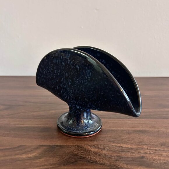 Vintage Mid-Century 70s Modern Blue Glazed Stoneware Napkin Holder Pottery - Picture 6 of 8